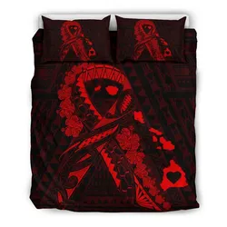 FamilyGater Home Set - Hawaiian Map Heart Ribbon Cancer Hibiscus Polynesian Bedding Set - Red - AH J4