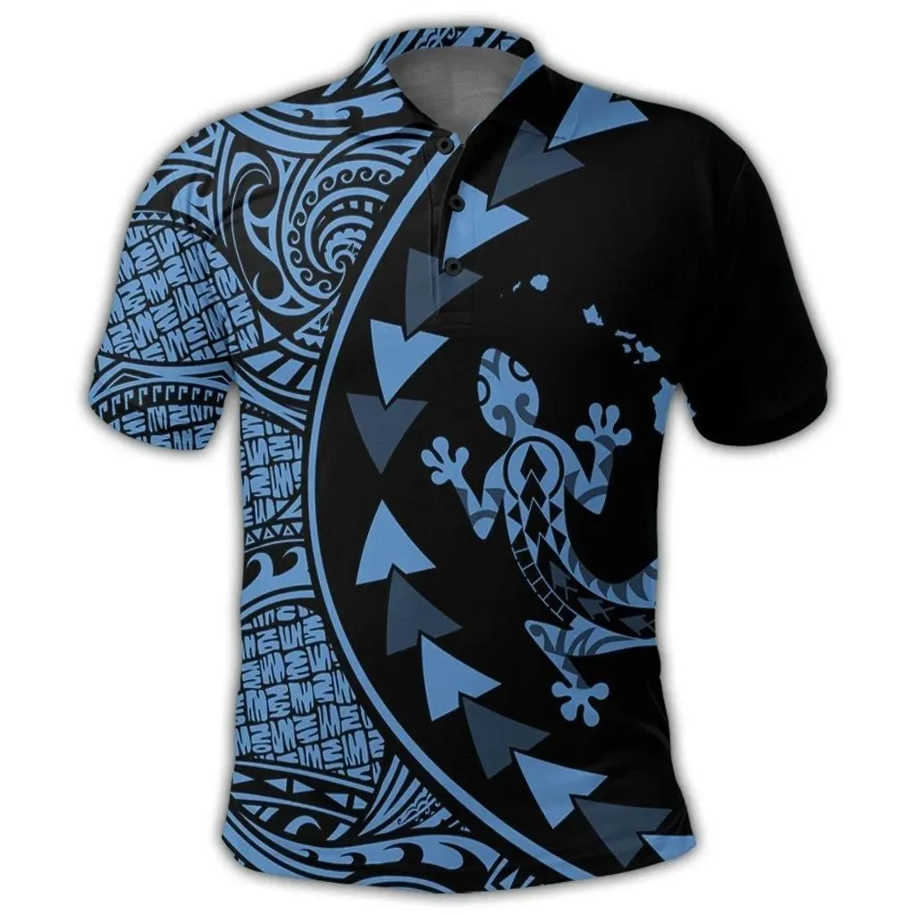 Alohawaii Shirt - Hawaiian Map Gecko Tattoo Kakau Polynesian Polo Shirt Pastel Blue AH - J0R