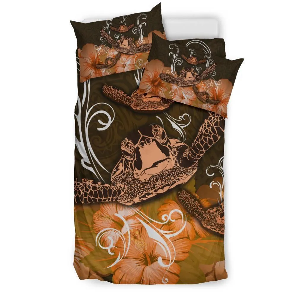 FamilyGater Bedding Set - Cover and Pillow Cases Hawaii Polynesian Turtle Waves Hibiscus - Erik Style - AH - Orange - J5