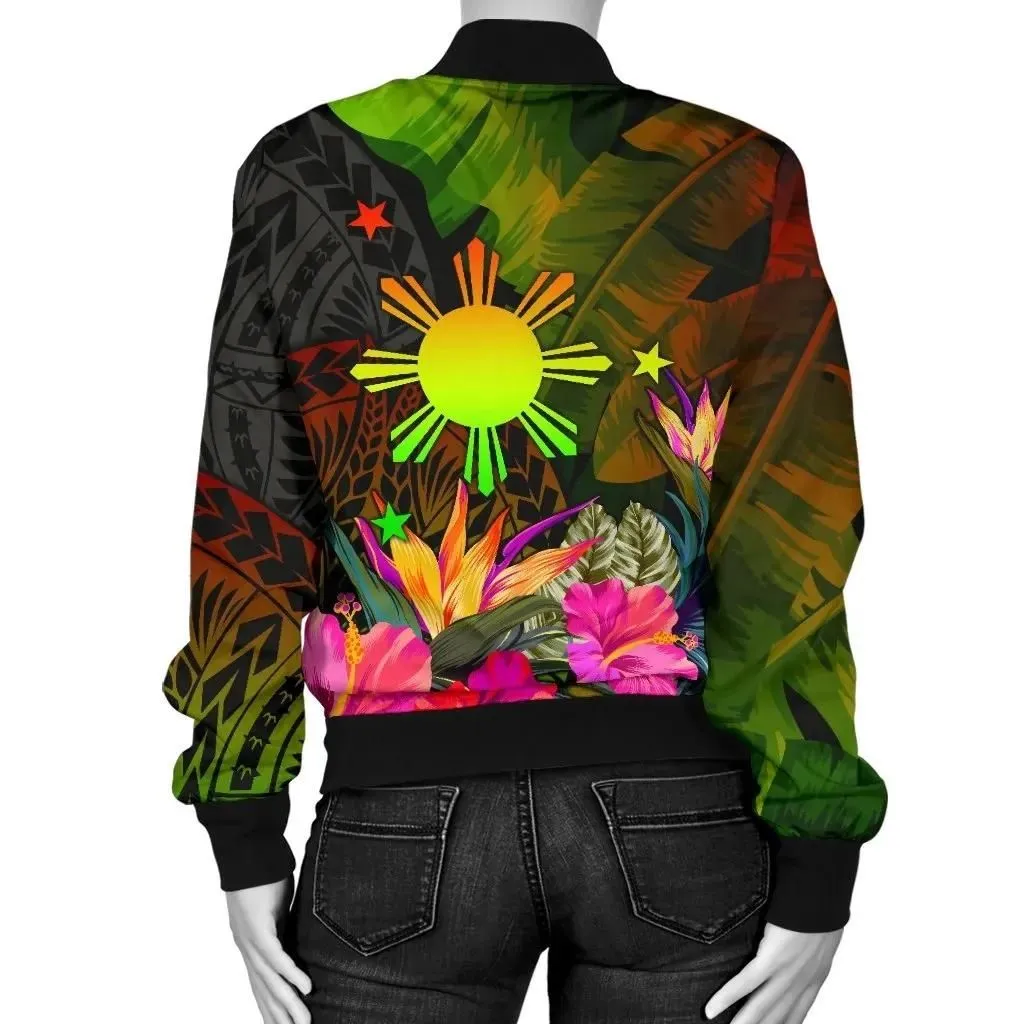 The Philippines Polynesian Women's Bomber Jacket -  Hibiscus and Banana Leaves - BN15