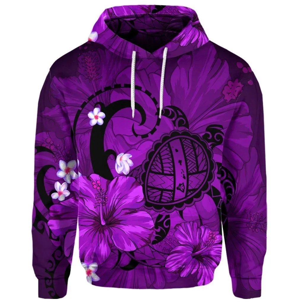 (Personalised) Hawaiian Map Big Turtle Hibiscus Plumeria Tribal Polynesian Hoodie - Purple - AH