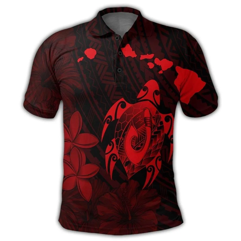 Hawaiian Map Turtle Plumeria Hibiscus Fish Hook Polynesian Polo Shirt Red