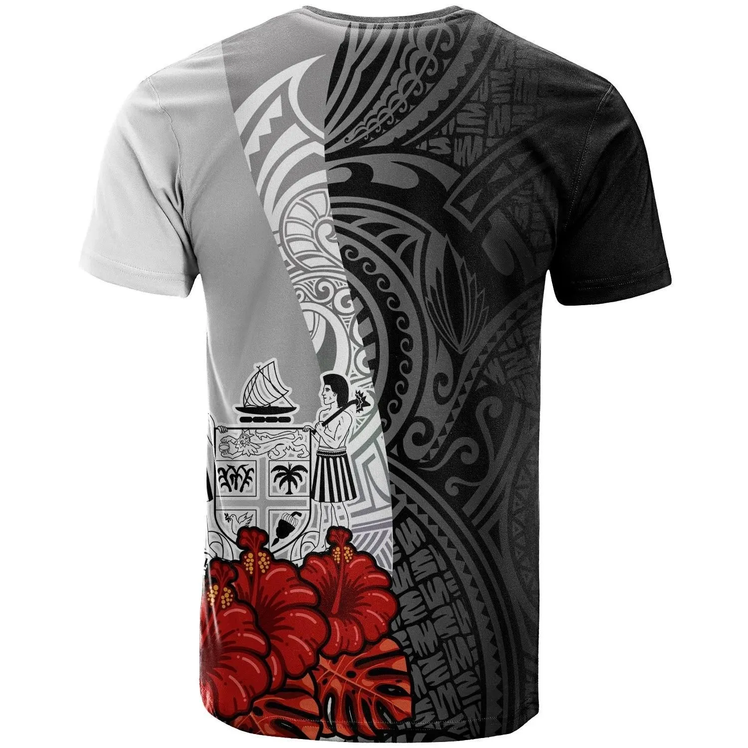 Fiji Polynesian Custom Personalised T-Shirt - Coat Of Arms With Hibiscus White - BN12