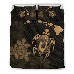 Hawaiian Map Turtle Plumeria Hibiscus Fish Hook Polynesian Bedding Set Gold - AH - J5