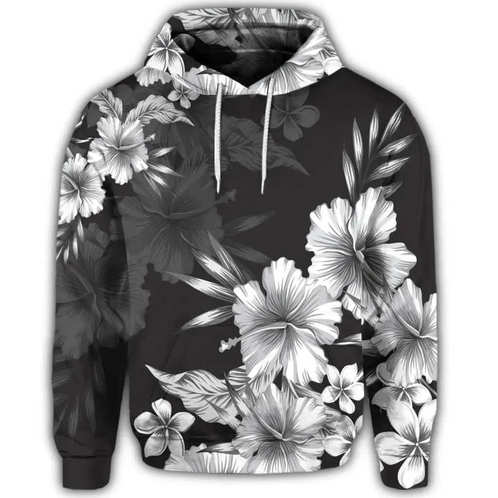 Alohawaii Hoodie - Hawaiian Hibiscus Black And White Polynesian Hoodie - AH - JR