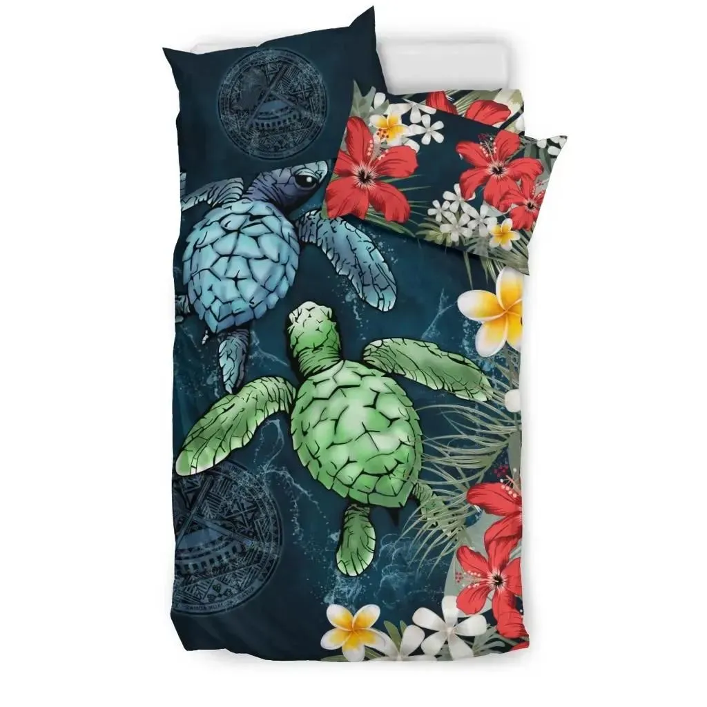 FamilyGater Bedding Set - Cover and Pillow Cases American Samoa - Sea Turtle Tropical Hibiscus And Plumeria A24