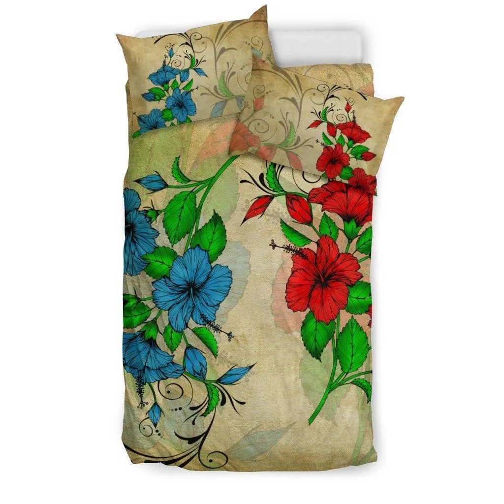 Hawaiian Blue and Red Hibiscus Polynesian Bedding Set