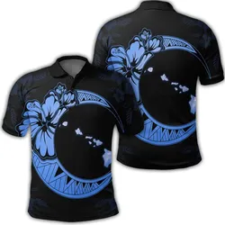 Hawaiian Map Hibiscus Turtle Polynesian Moon Polo Shirt Blue - AH