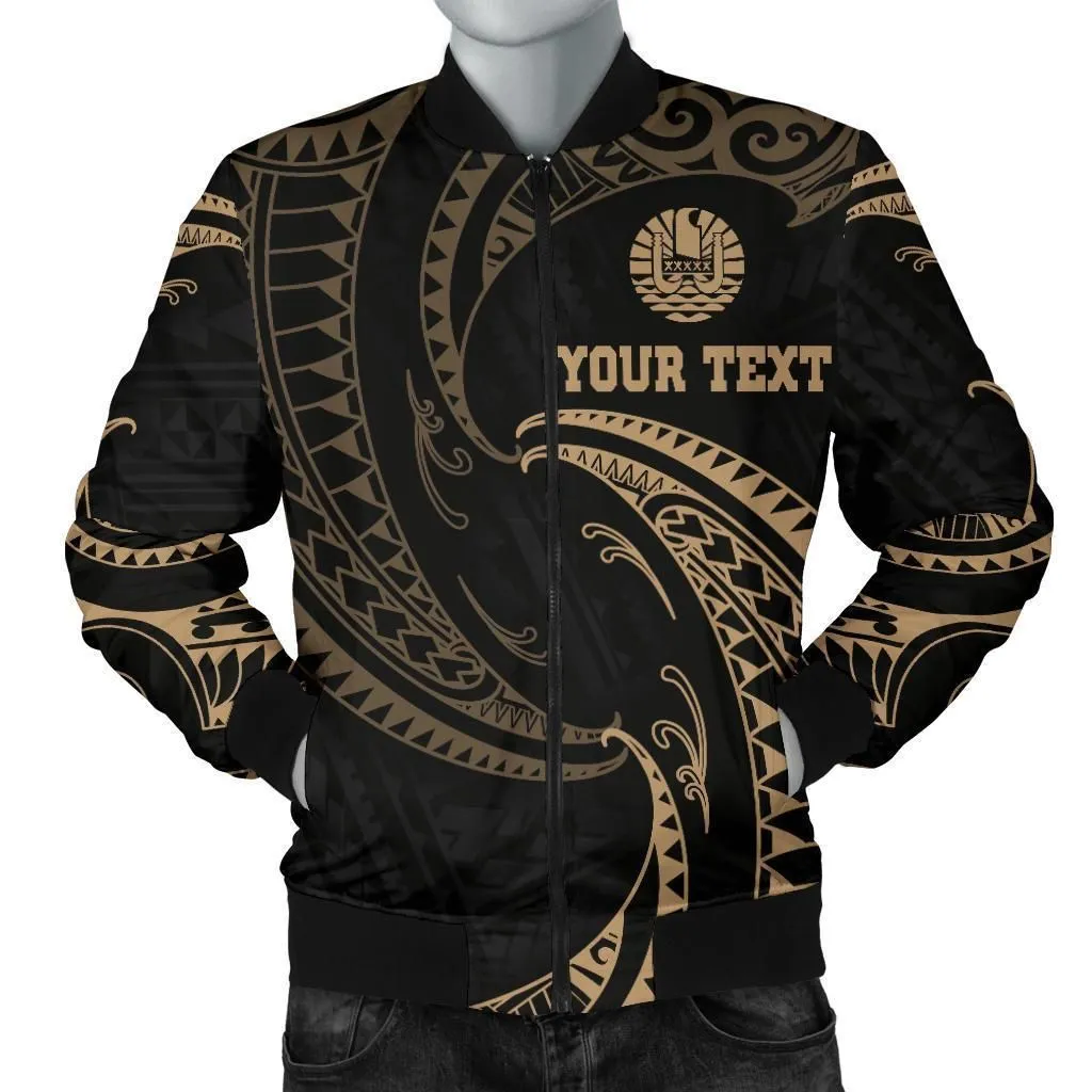 Tahiti Polynesian Custom Personalised Mens Bomber Jacket - Gold Tribal Wave