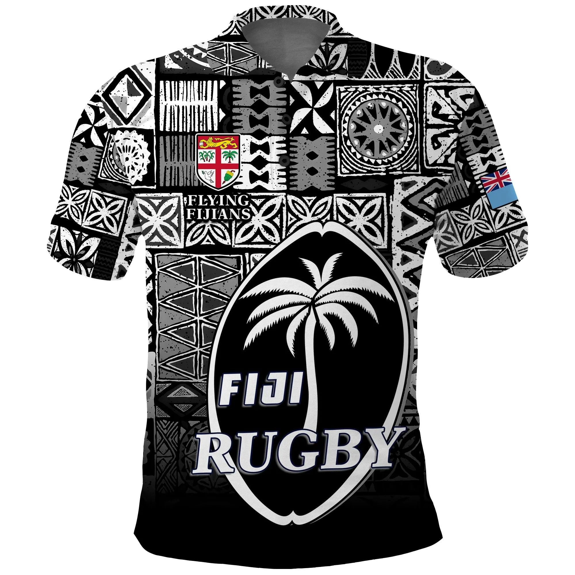 (Custom Text and Number) Fiji Rugby Polo Shirt Flying Fijians Black Tapa Pattern LT13