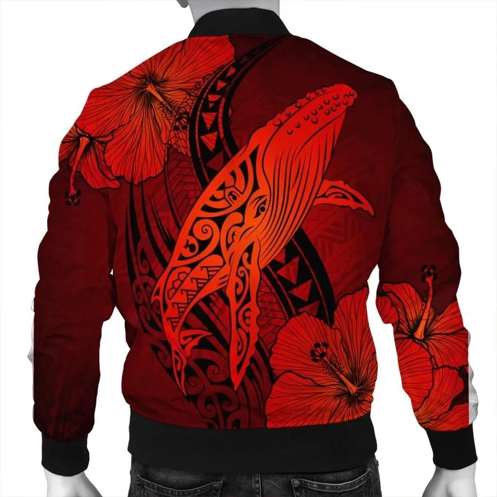 Alohawaii Jacket - Hawaiian Map Whale Swim Hibiscus Polynesian Bomber Jacket - Red - AH - J6R