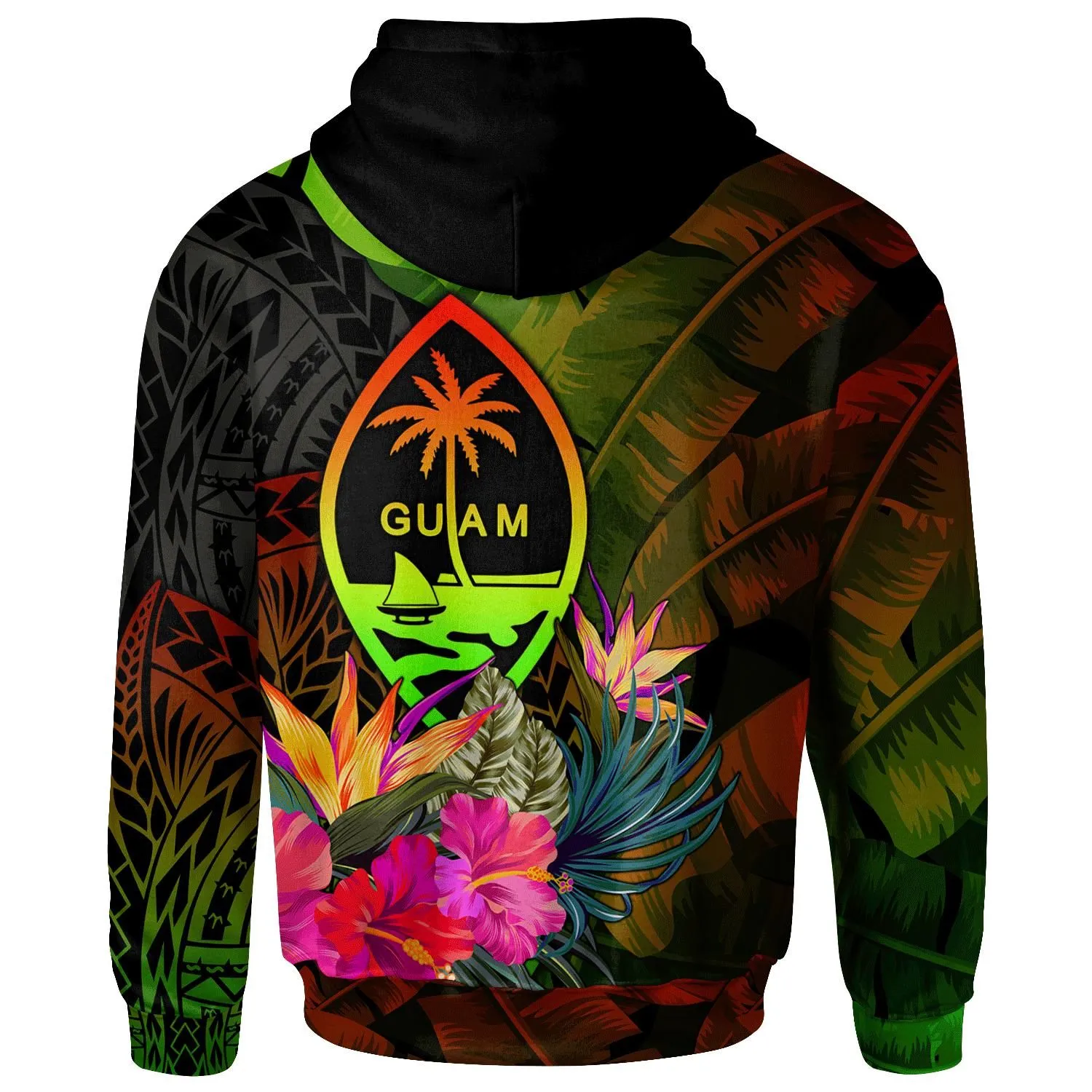 Guam Polynesian Hoodie -  Hibiscus and Banana Leaves