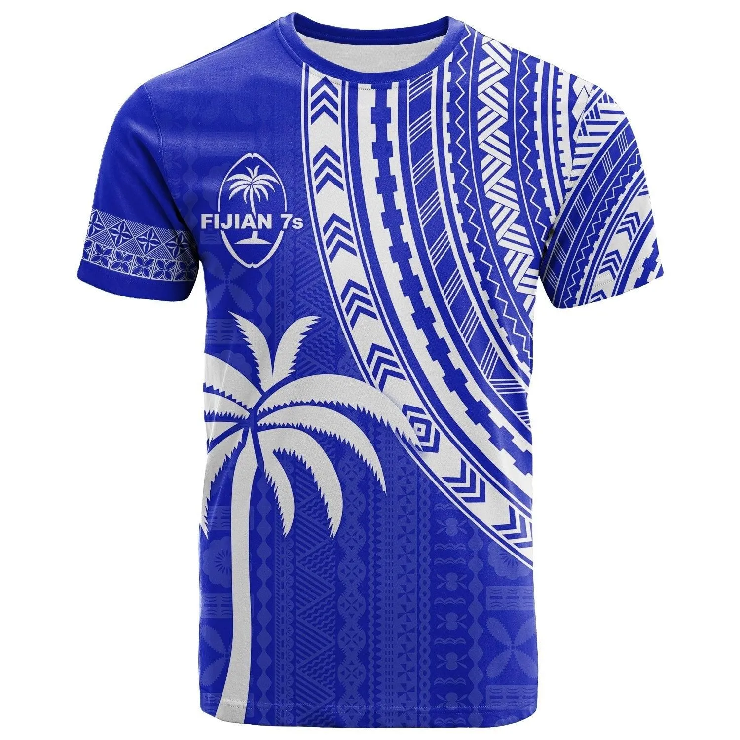 Custom Text and Number Fiji Rugby Sevens T Shirt Fijian 7s Tapa Polynesian Blue Ver.02 LT13