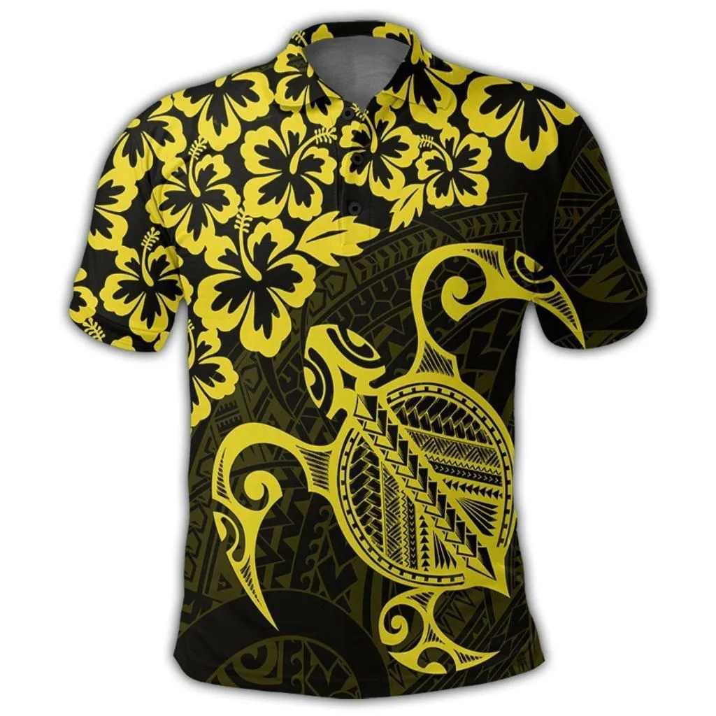 Hawaiian Map Turtle Hibiscus Kanaka Polynesian Polo Shirt - Yellow