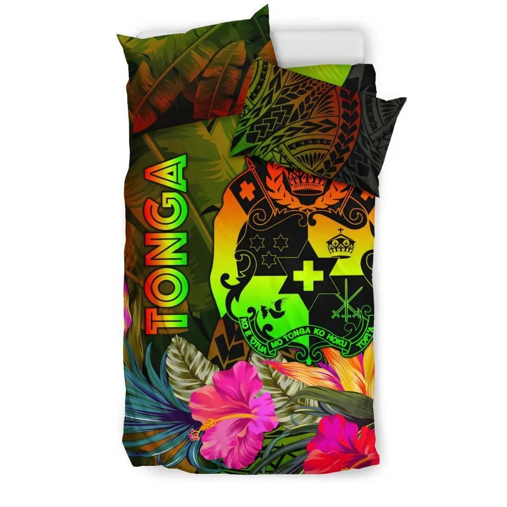 FamilyGater Bedding Set - Cover and Pillow Cases Tonga Polynesian -  Hibiscus and Banana Leaves - BN15