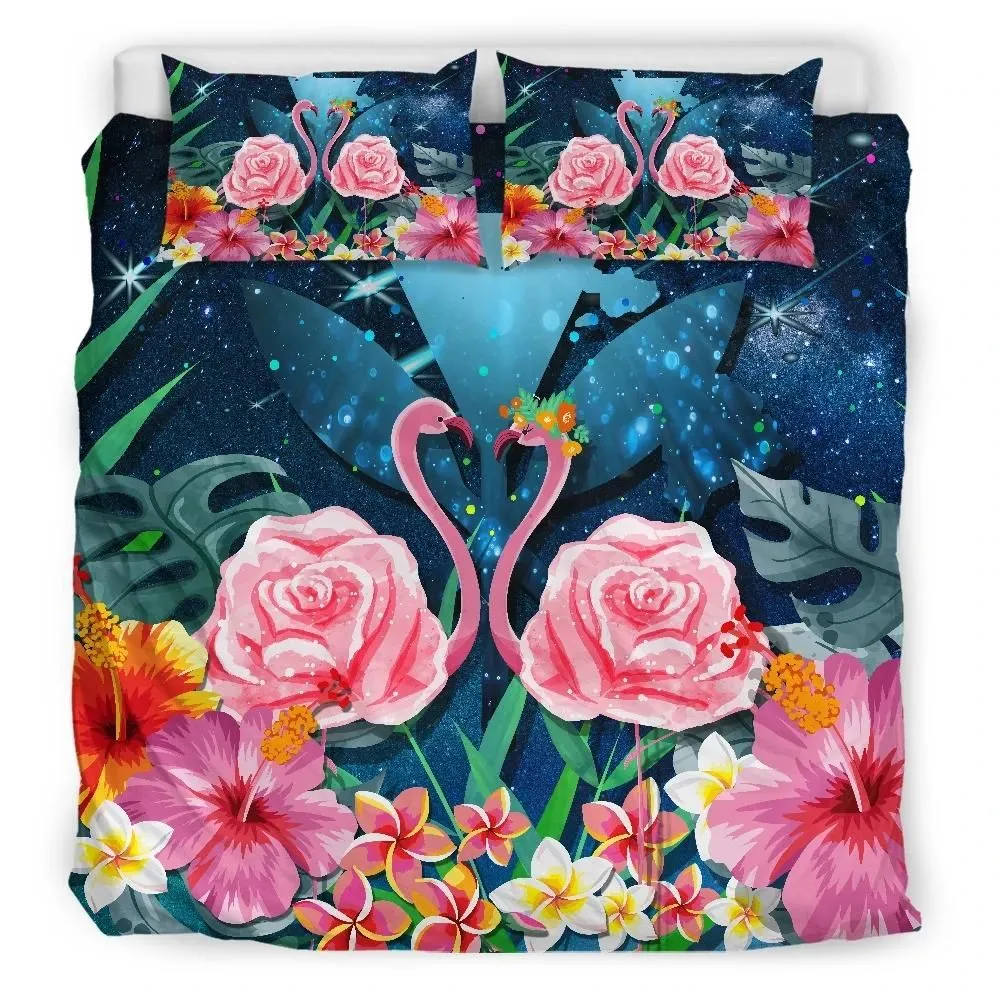 FamilyGater Home Set - Kanaka Flamingo Couple Rose Hibiscus Plumeria Bedding Set - Love Universe - AH JW