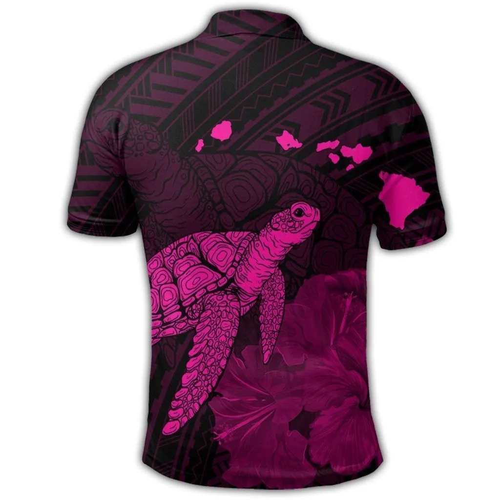 Hawaii Polynesian Hibiscus Turtle Map Polo Shirt Pink