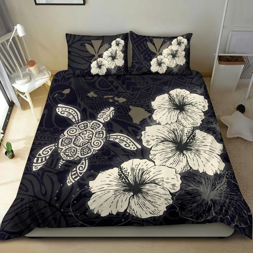 Alohawaii Bedding Set - Cover and Pillow Cases Hawaiian Hibiscus Turtle Polynesian - Maps Style Black A10
