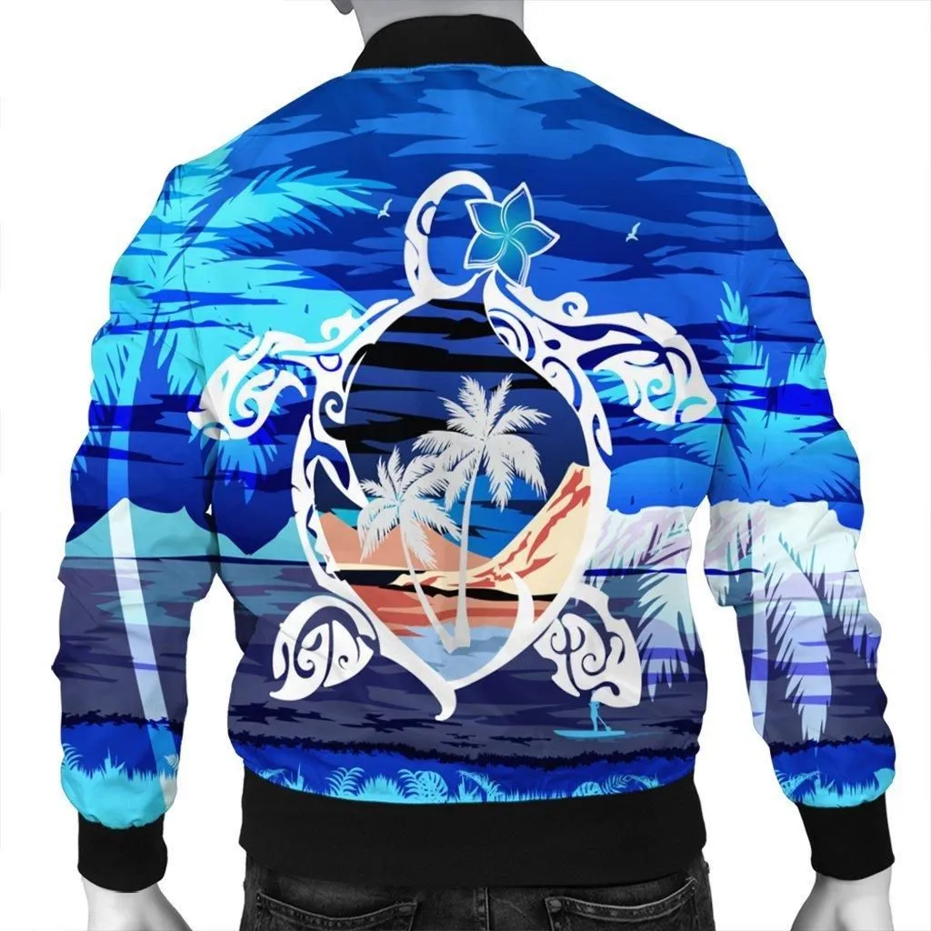 Hawaiian Turtle Plumeria Coconut Tree Polynesian Bomber Jacket Blue