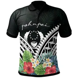 Pohnpei Polo Shirt - Pohnpei Coat of Arms and Polynesian Tropical Flowers White