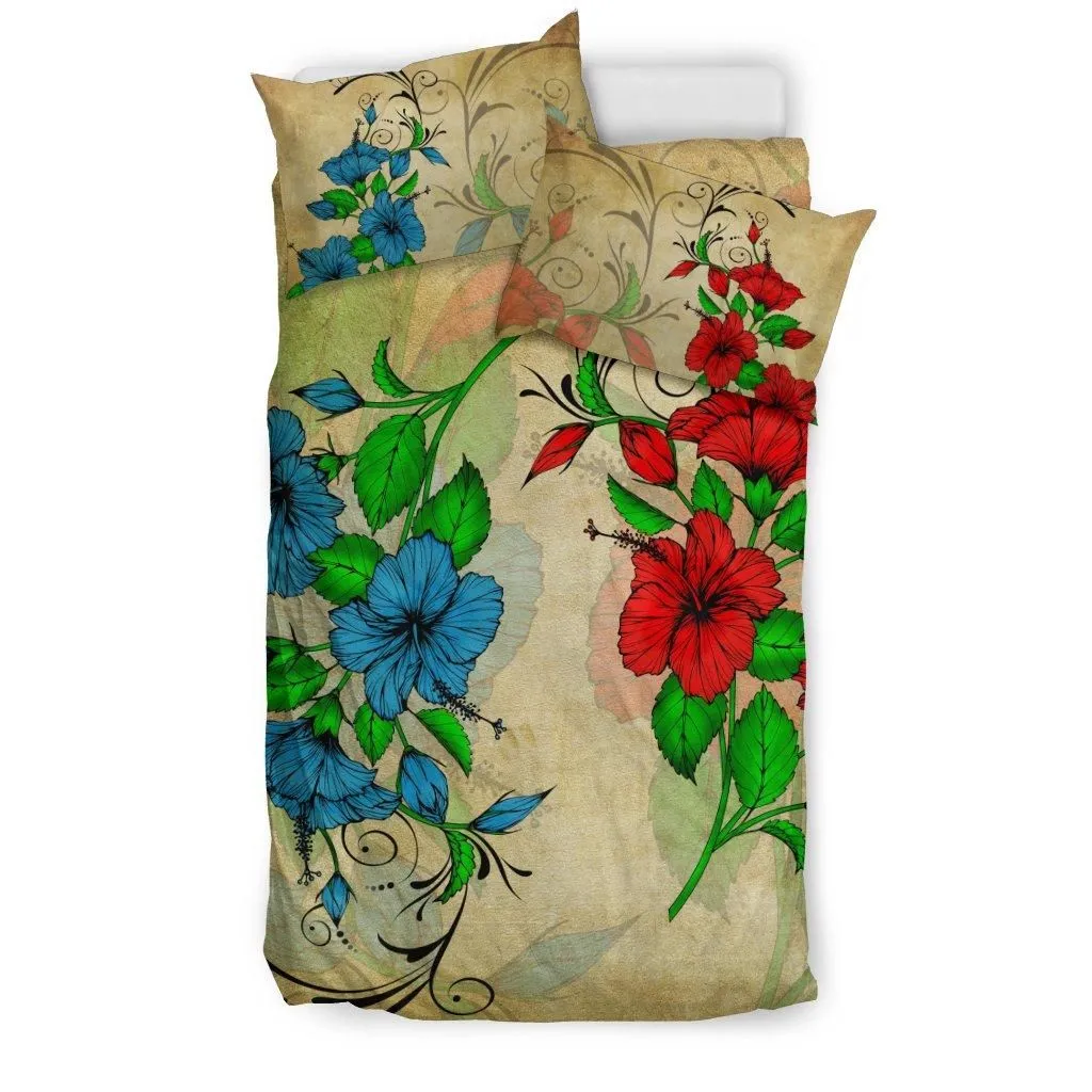 Hawaiian Blue And Red Hibiscus Polynesian Bedding Set