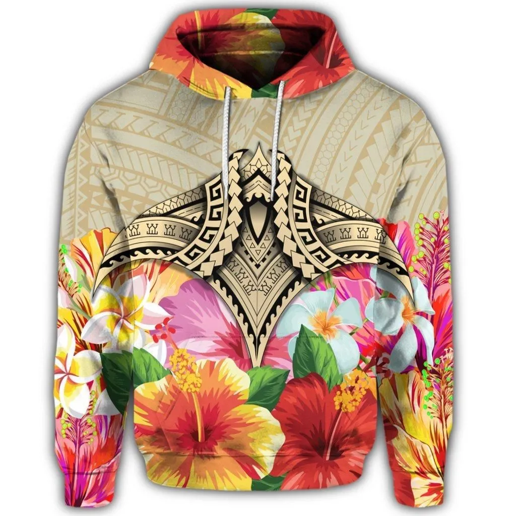 Hawaiian Manta Ray Tropical Hibiscus Plumeria Polynesian Hoodie