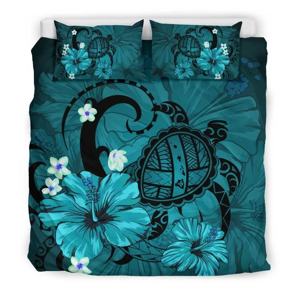 Hawaiian Map Big Turtle Hibiscus Plumeria Tribal Polynesian Bedding Set - Turquoise - AH J9