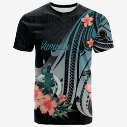 Vanuatu T-Shirt - Turquoise Polynesian Hibiscus Pattern Style