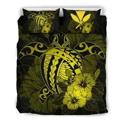 Alohawaii Home Set - Hawaiian Map Hibiscus Kanaka Polynesian Bedding Set - Harold Turtle - Yellow - AH J9