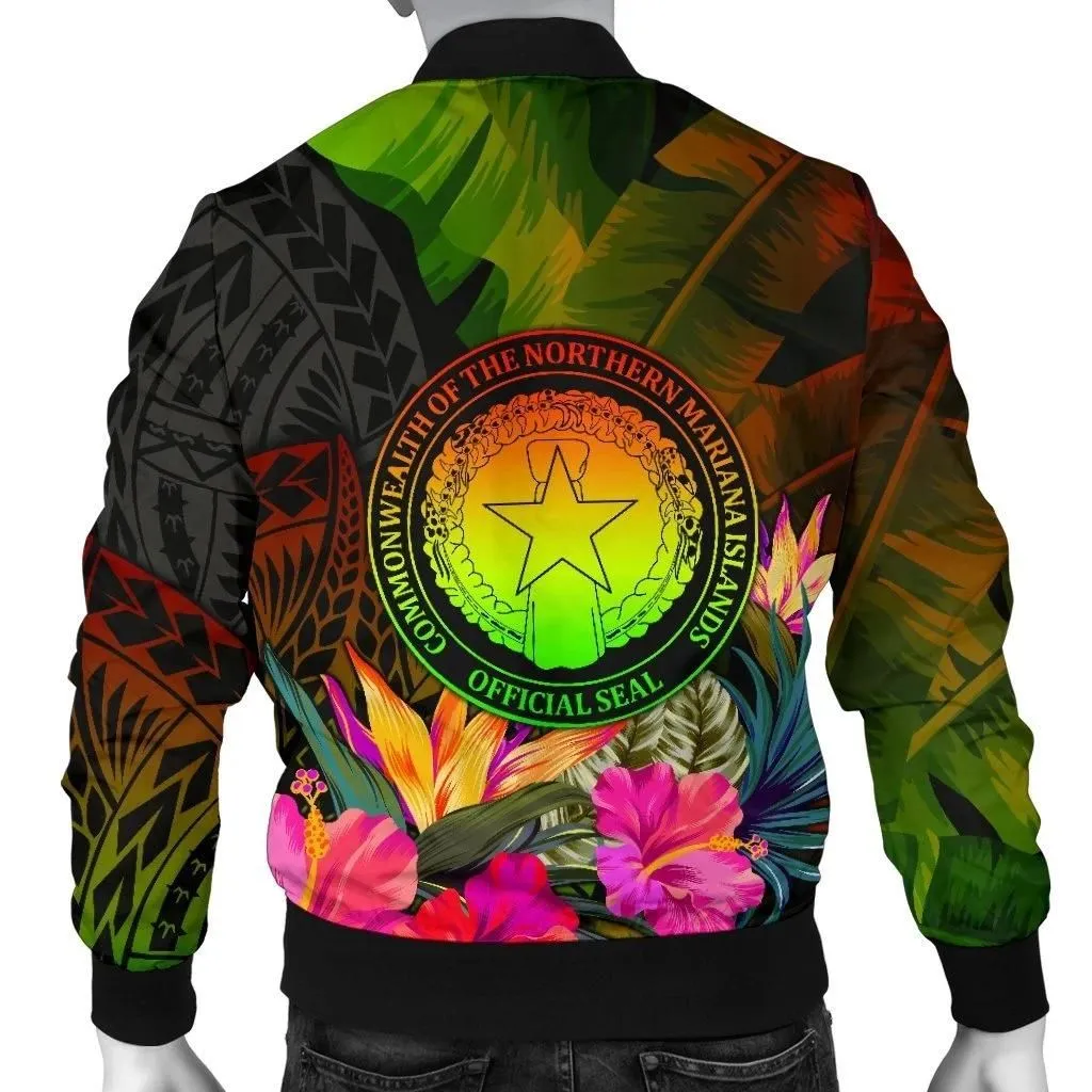 Northern Mariana Islands Polynesian Men's Bomber Jacket - Hibiscus and Banana Leaves - BN15