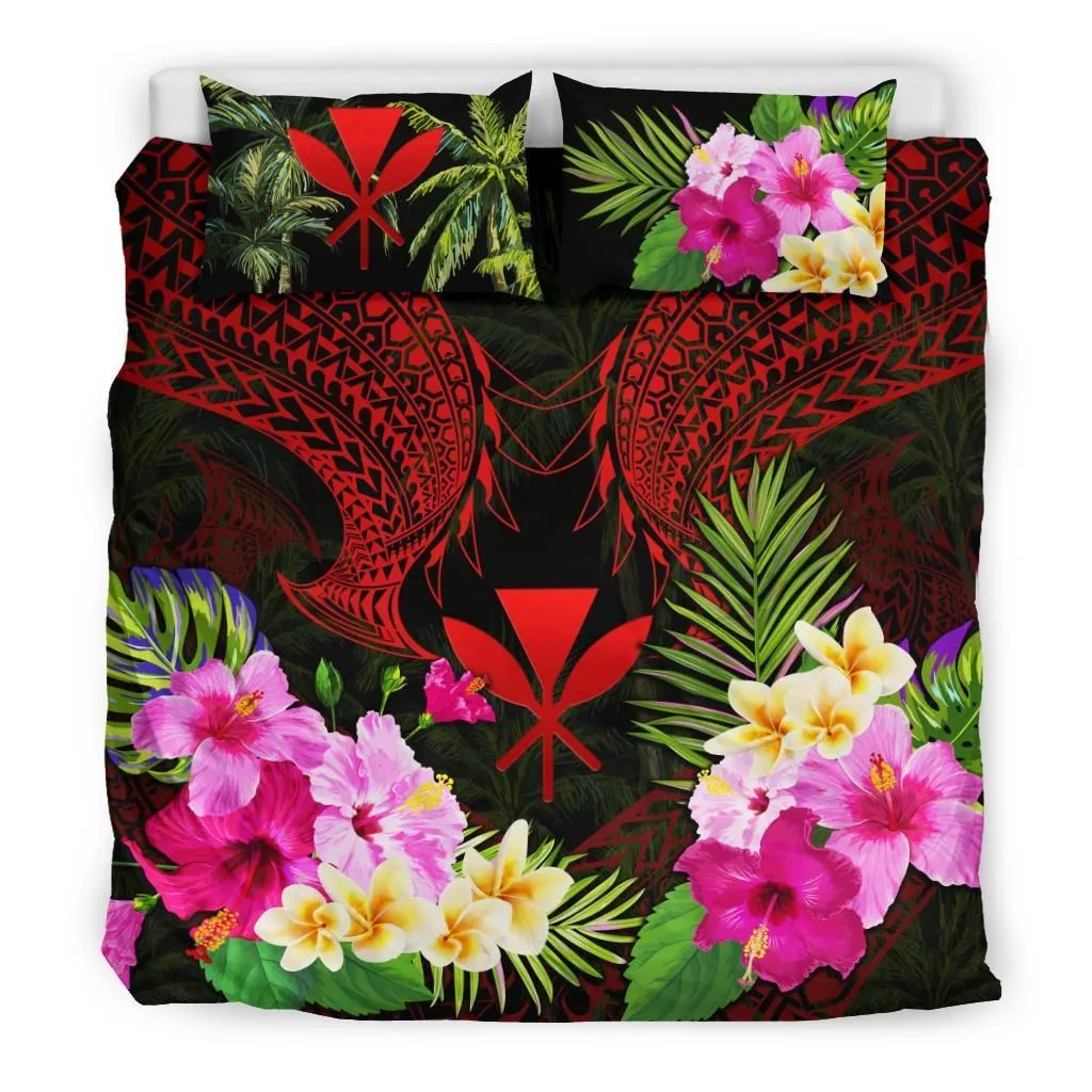 Polynesian Bedding Set - Hawaii Duvet Cover Red Kanaka Maoli Hibiscus Plumeria Coconut
