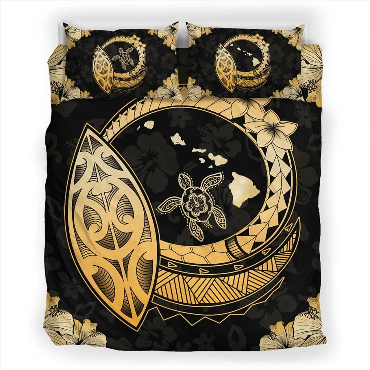 Hawaii Bedding Set Map Hibiscus Plumeria Turtle Polynesian