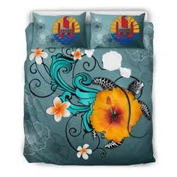 FamilyGater Bedding Set - Cover and Pillow Cases Tahiti - Map Turtle Hibiscus A24