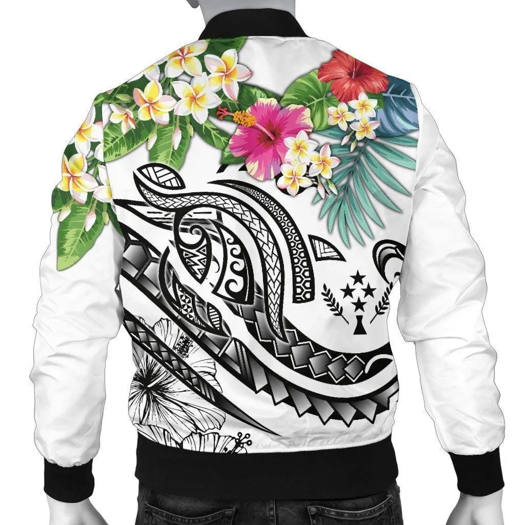 Kosrae Polynesian Mens Bomber Jacket - Summer Plumeria (White)