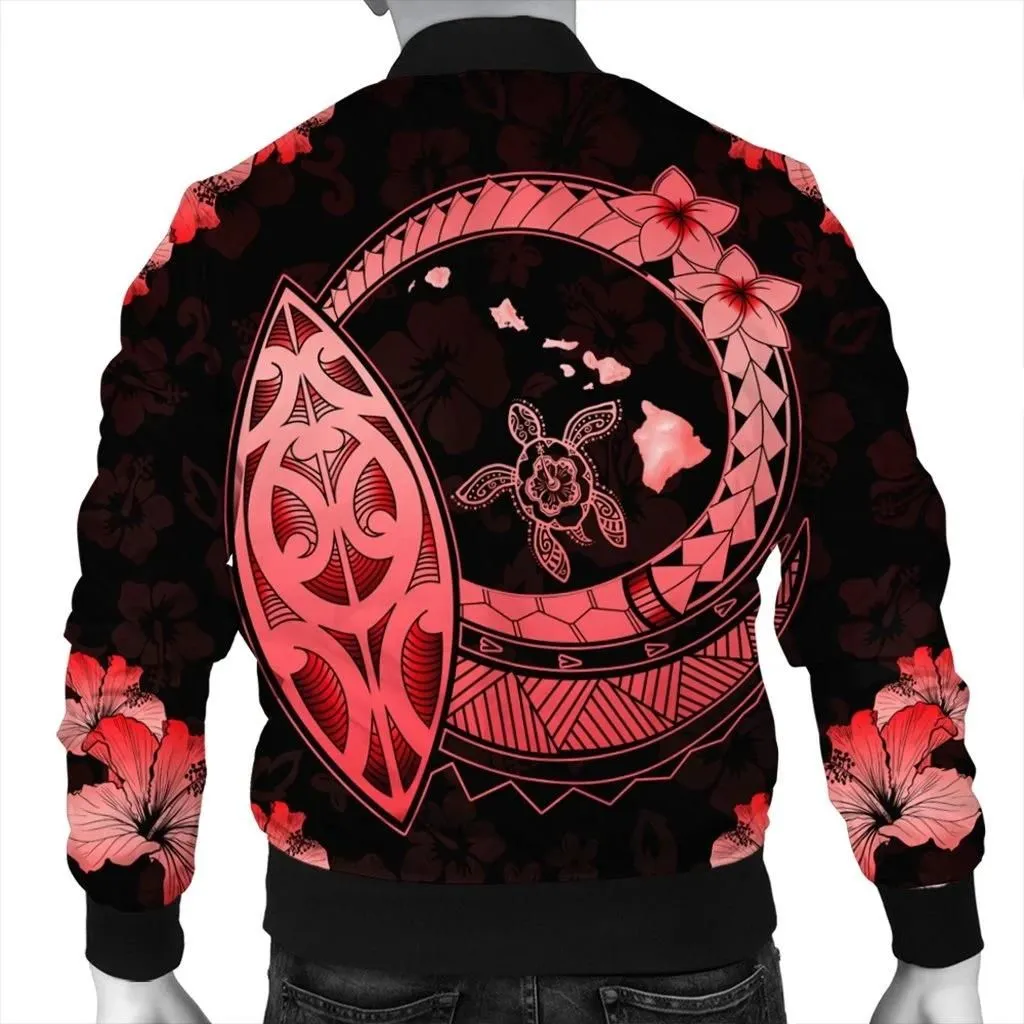 Alohawaii Jacket - Hawaii Turtle Hibiscus Map Polynesian Bomber Jacket Red - AH - JR