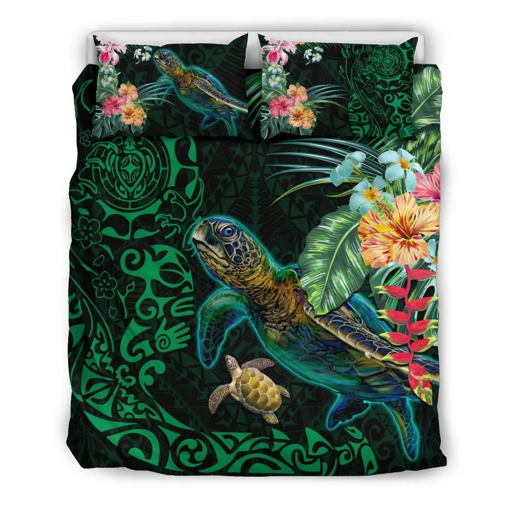 Tiki Polynesian Bedding Set Turtle Hibiscus - Green