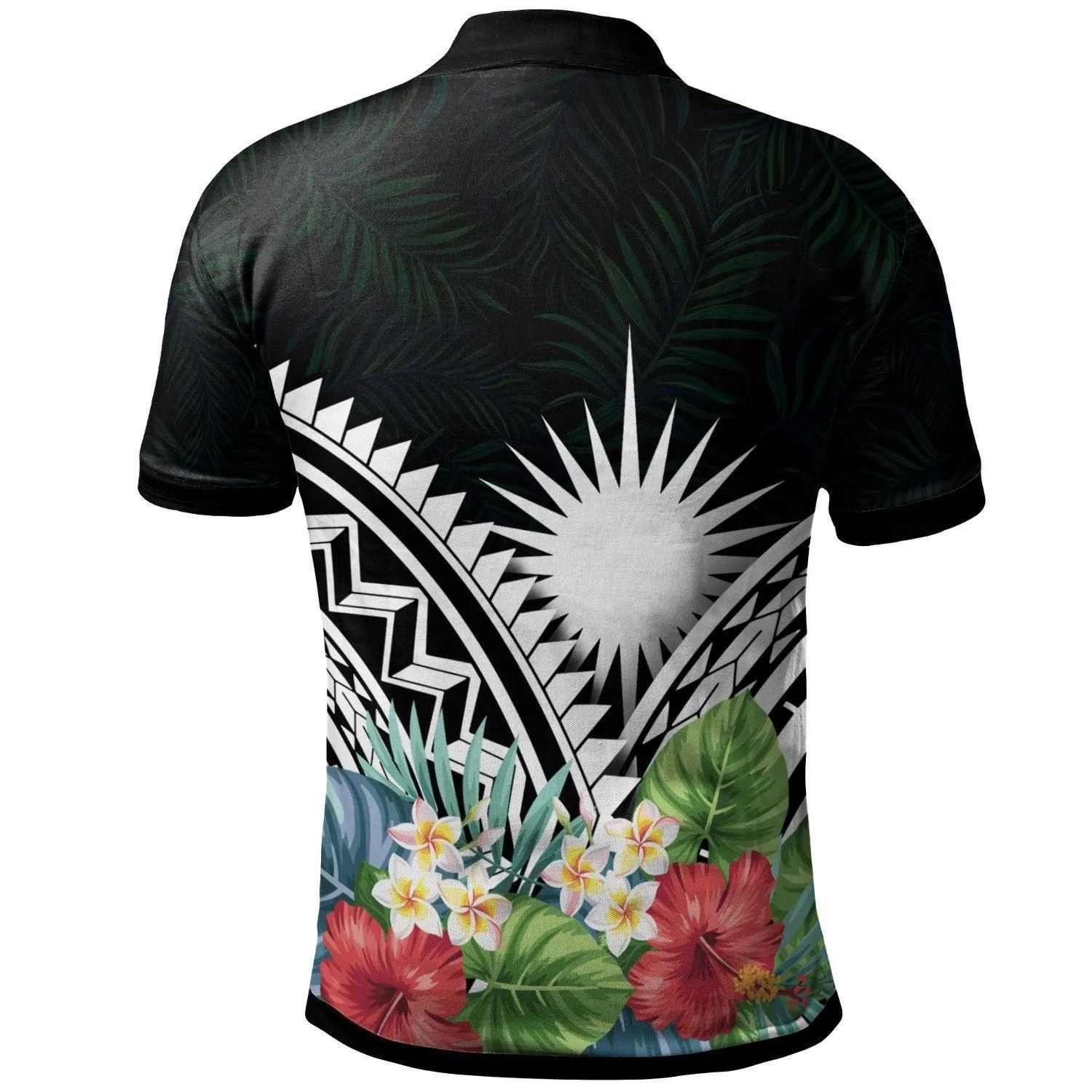 Marshall Islands Polo Shirt -Marshall Islands Coat of Arms & Polynesian Tropical Flowers White