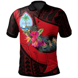 Guam Polo Shirt - Polynesian Hook and Hibiscus (Red)