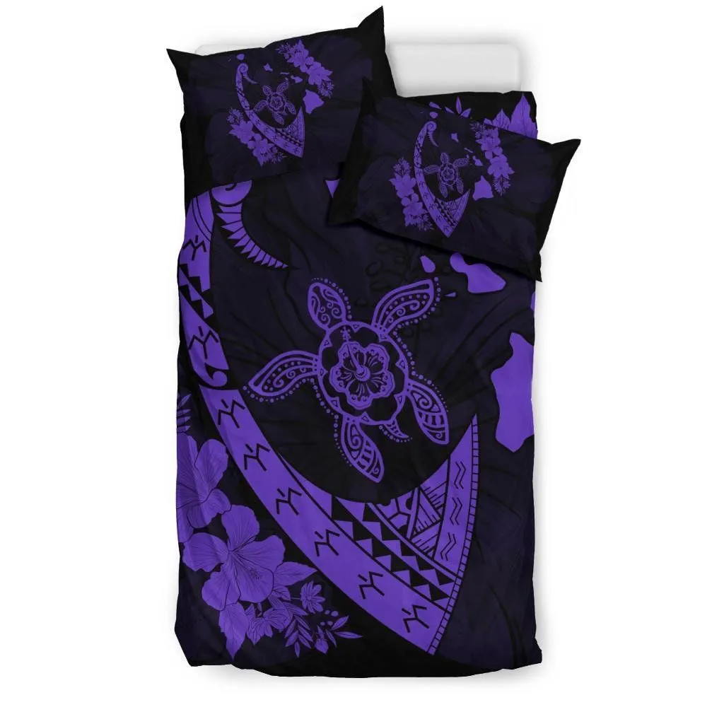 Hawaiian Map Hibiscus Turtle Fish Hook Polynesian Bedding Set Purple - AH - J5