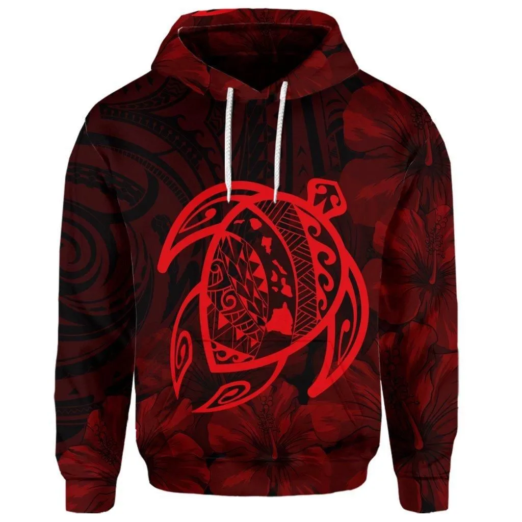 (Personalised) Hawaiian Map Turtle Kanaka Hibiscus Polynesian Hoodie - Red - AH