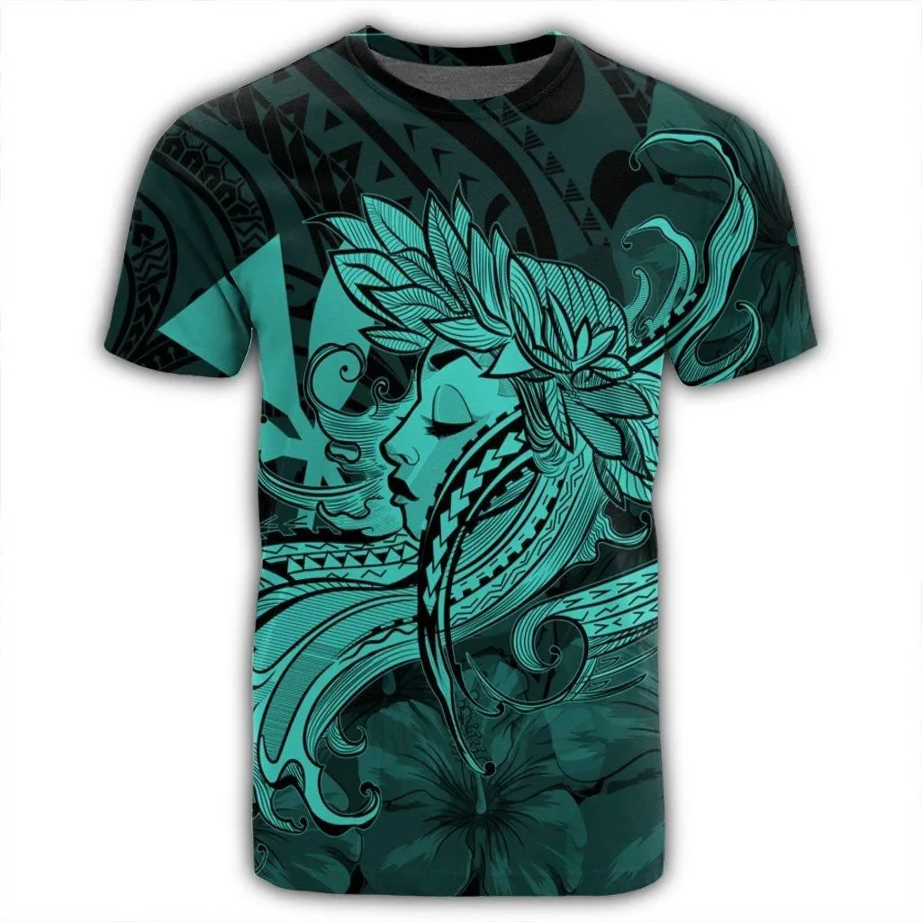 Hawaiian Map Hula Girl Hibiscus Kanaka Polynesian T-Shirt - Turquoise - AH