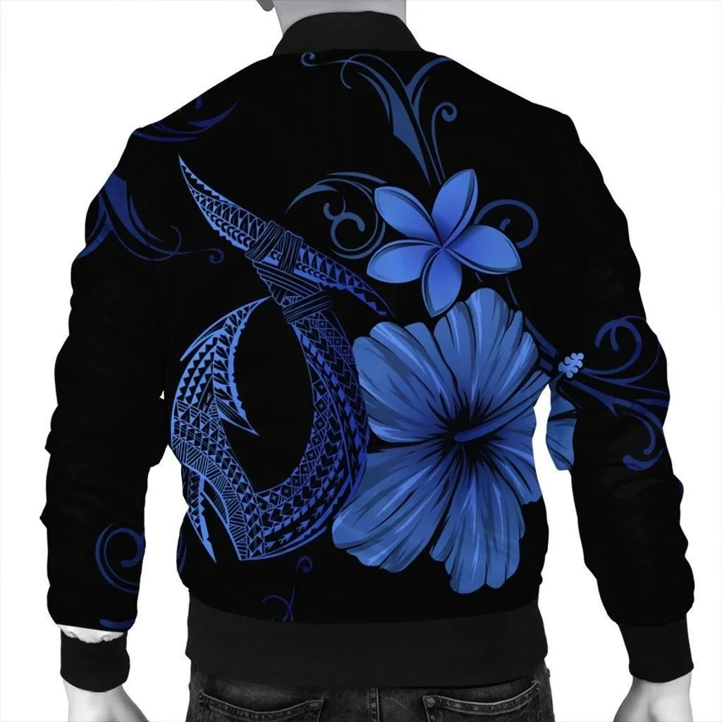 Hawaiian Fish Hook Hibiscus Plumeria Polynesian Bomber Jacket - Blue