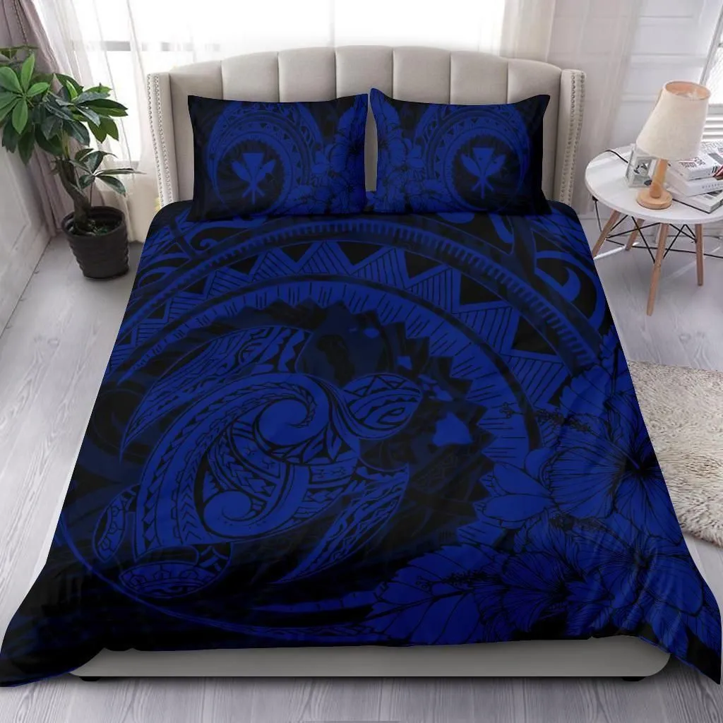 Alohawaii Home Set - Hawaiian Map Kanaka Honu Hibiscus Blue Globular Polynesian Bedding Set - AH - JD