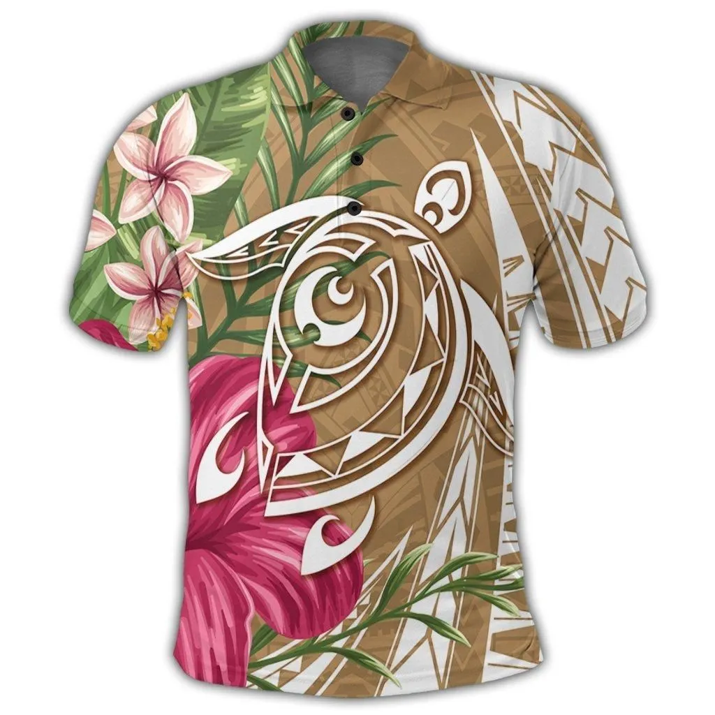 Hawaii Polynesian Turtle Tropical Hibiscus Plumeria Polo Shirt - Gold