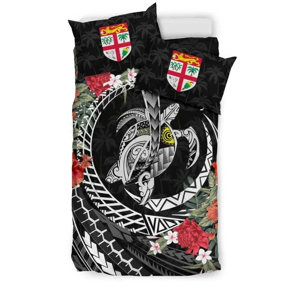 FamilyGater Bedding Set - Cover and Pillow Cases Fiji - Polynesia Map Turtle Hibiscus A24