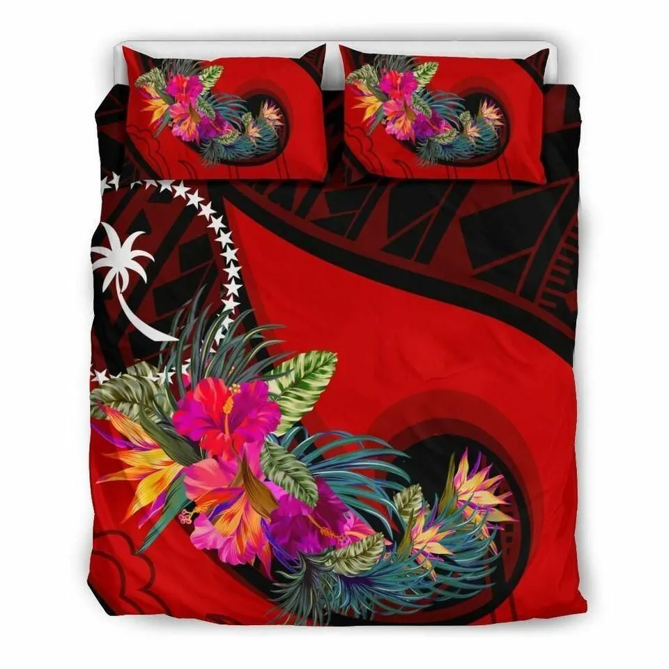 Vibe Hoodie Chuuk Bedding Set - Polynesian Hook And Hibiscus (Red)