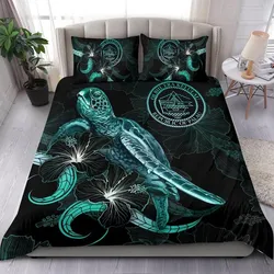 Palau Polynesian Bedding Set - Turtle With Blooming Hibiscus Turquoise