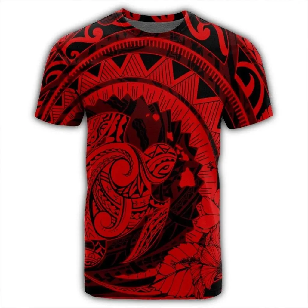 Alohawaii Tee - Hawaiian Kanaka Honu Map Hibiscus Globular Polynesian Red T-shirt AH - JR