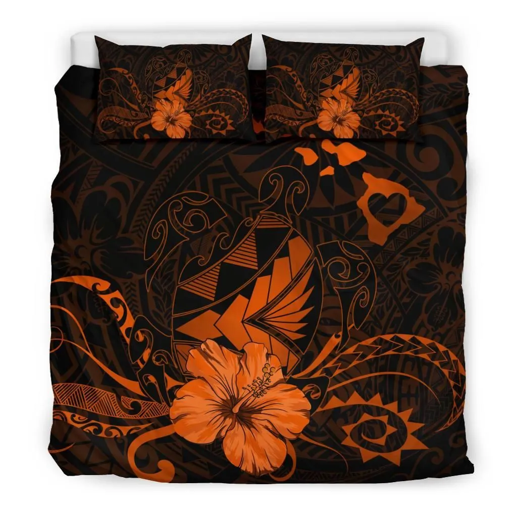 Hawaiian Map Heart Turtle Tattoo Hibiscus Polynesian Bedding Set  - Orange