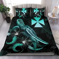 Wallis And Futuna Polynesian Bedding Set - Turtle With Blooming Hibiscus Turquoise